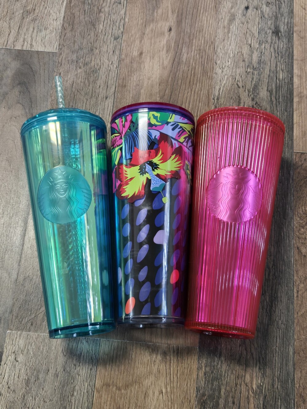 Starbucks Trio of Iridescent Teal, Multicolor Floral, and Hot Pink Tumblers